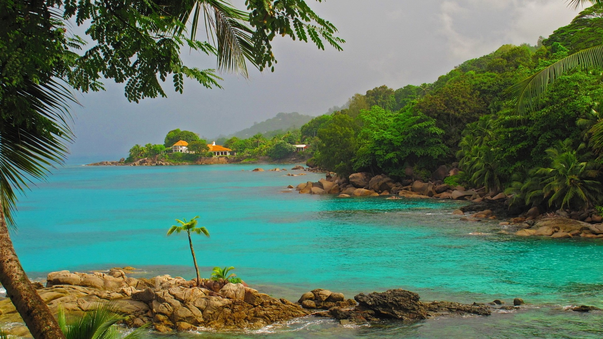 Tropical island with turquoise water and lush green hills HD Wallpaper