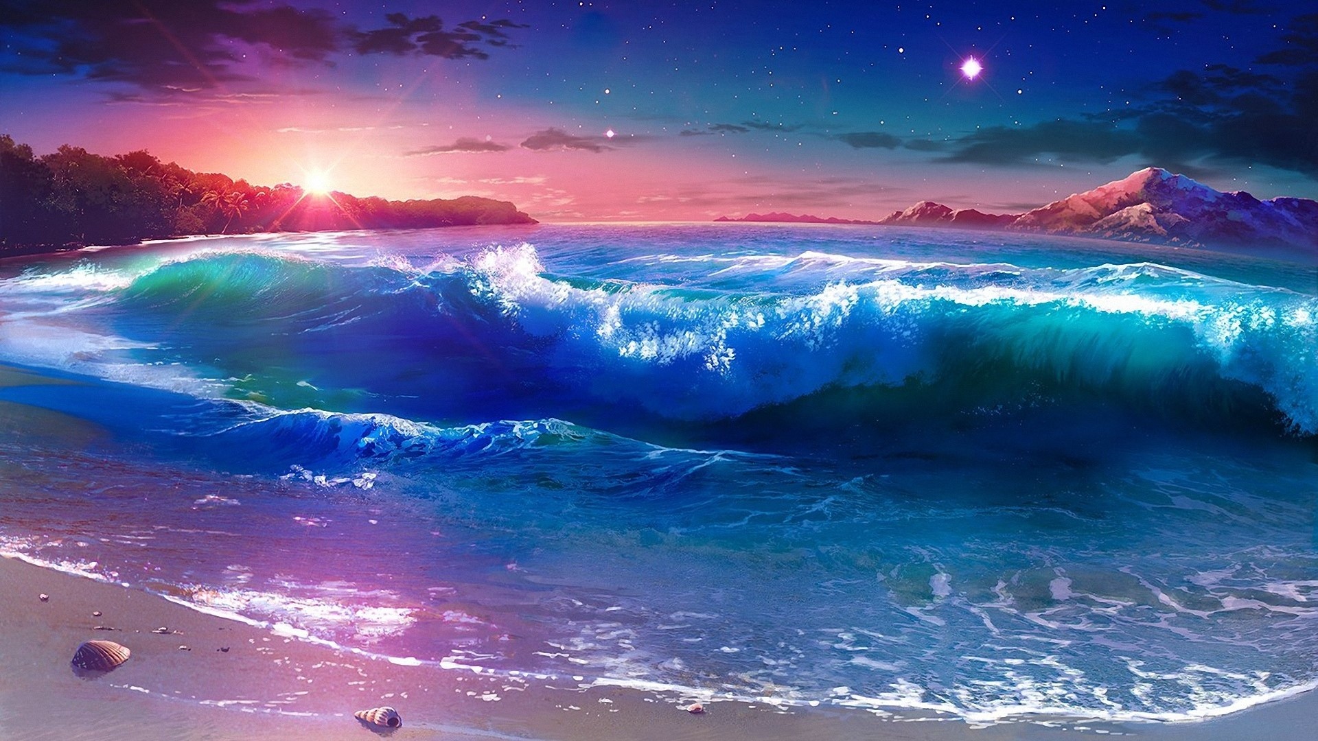 Waves crashing on a beach at sunset with mountains HD Wallpaper