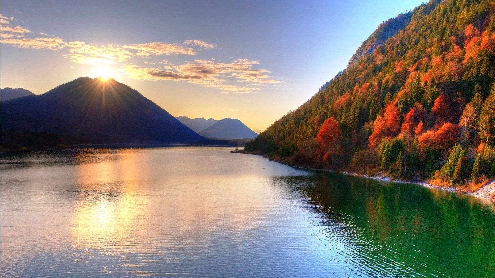 Autumn Lake Landscape with Mountains and Sun HD Wallpaper