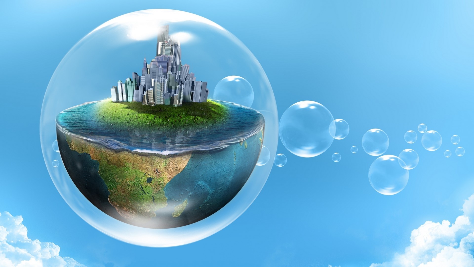 Earth inside a bubble with a city and bubbles HD Wallpaper