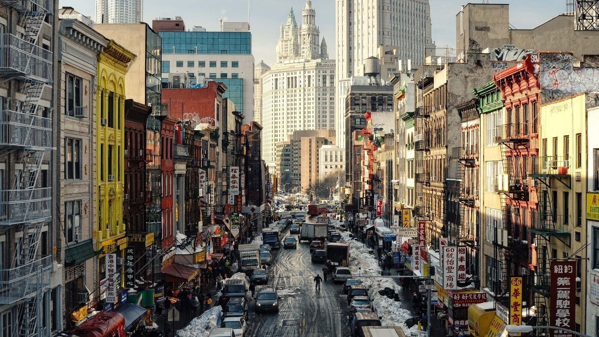 Chinatown street scene with snow HD Wallpaper
