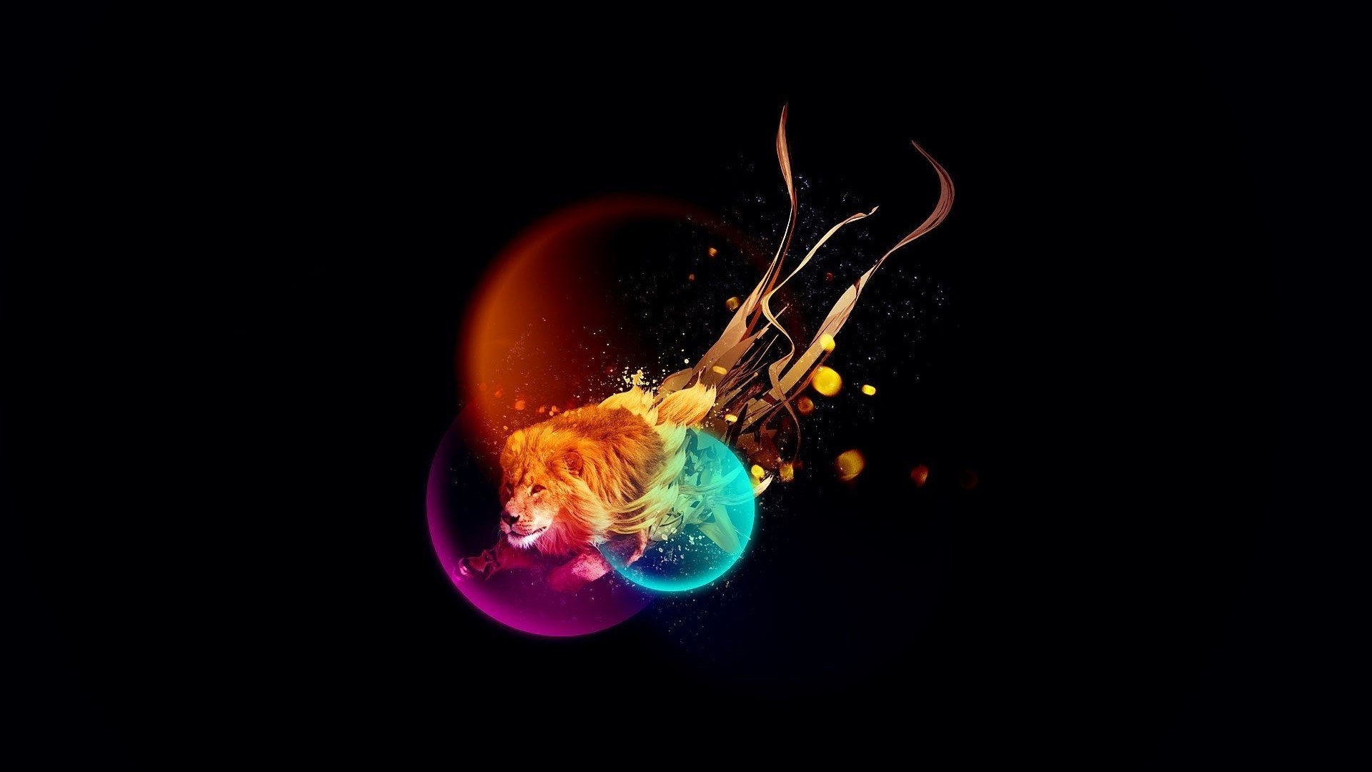 Abstract Lion Art with Colorful Orbs HD Wallpaper