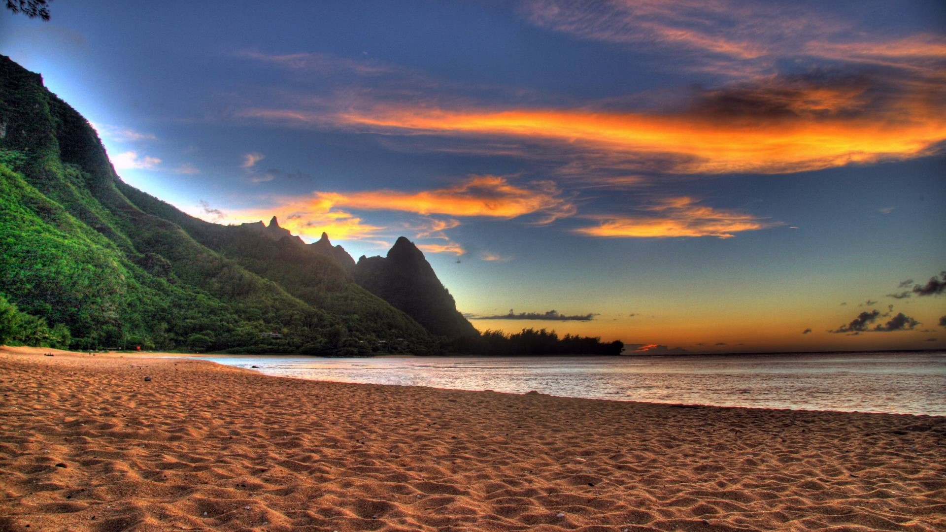 Beach Sunset Over Mountains and Ocean HD Wallpaper