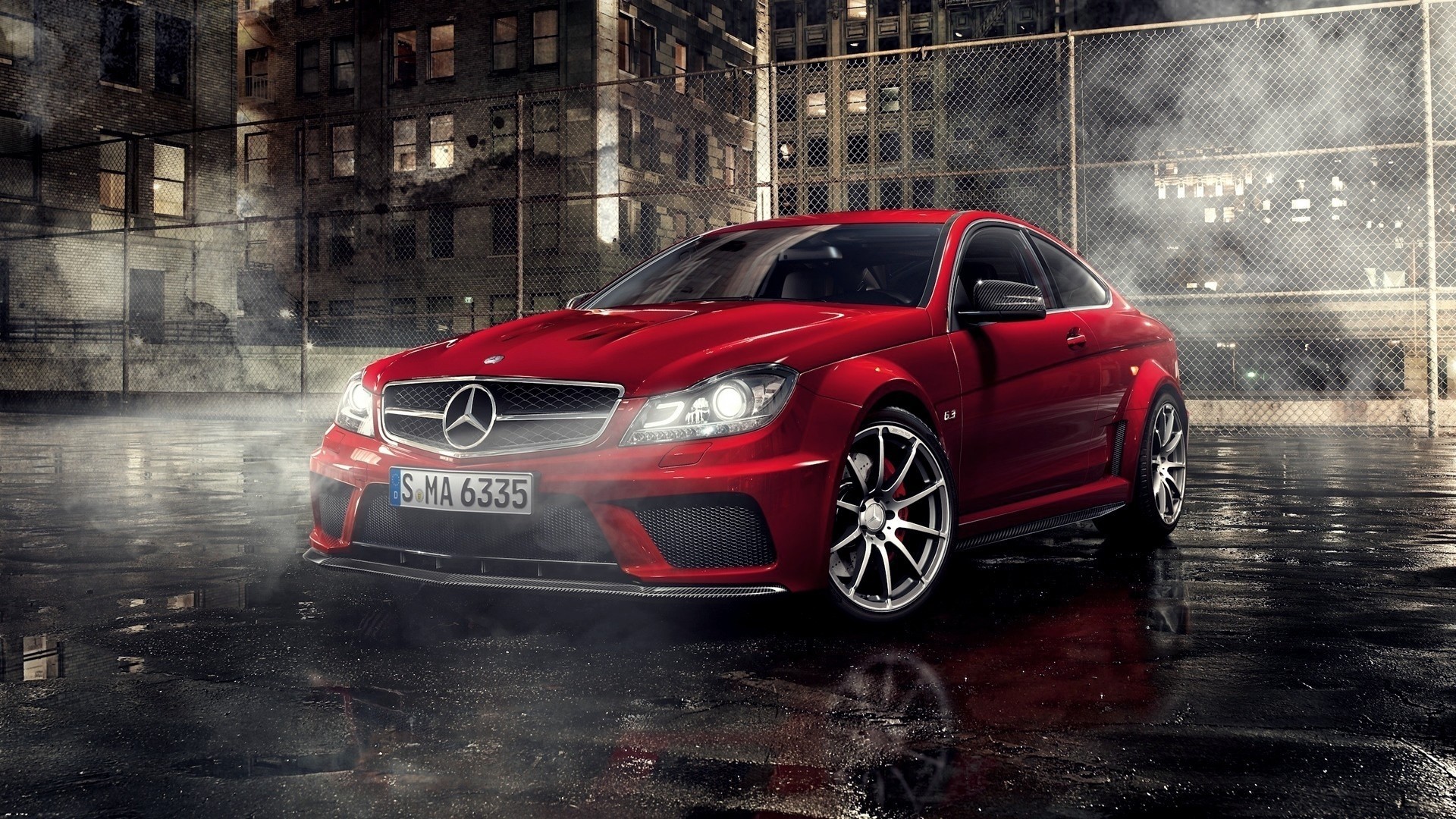 Red Mercedes-Benz C63 Coupe on Wet Asphalt HD Wallpaper