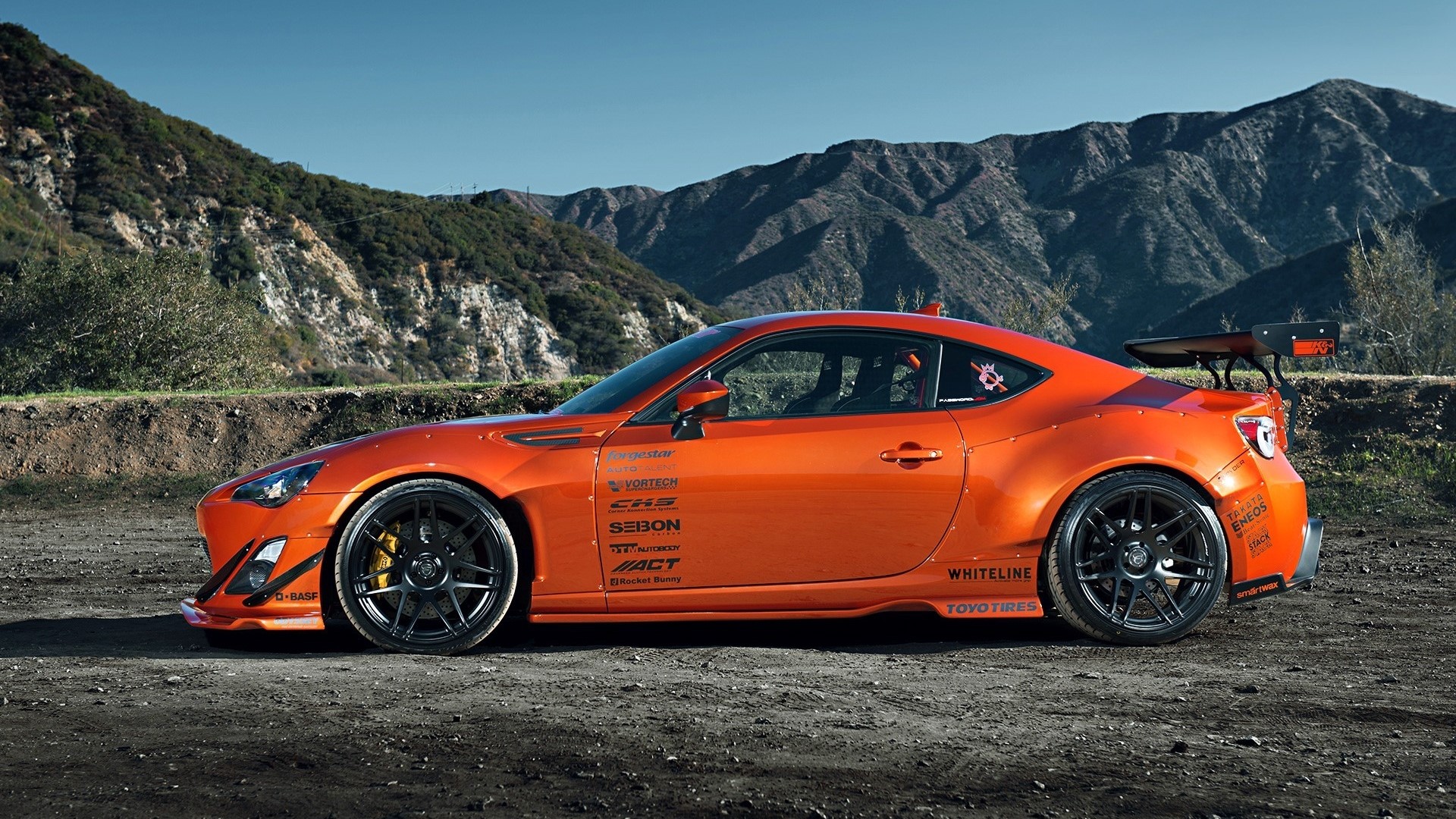 Orange 2013 Scion FR-S with racing decals HD Wallpaper