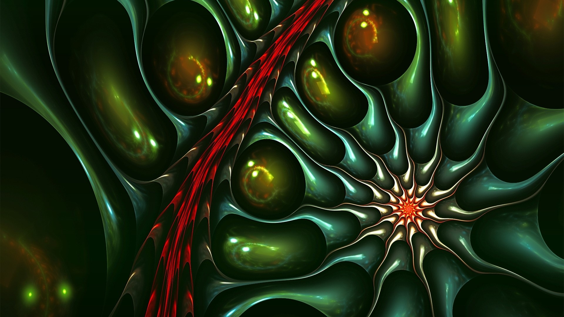 Abstract fractal art with green and red elements HD Wallpaper