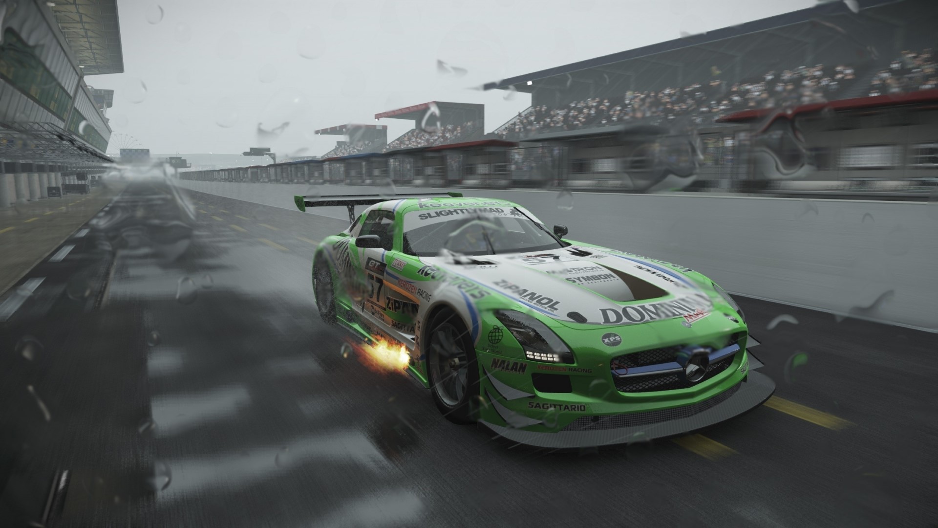 Green Mercedes Race Car on Wet Track HD Wallpaper