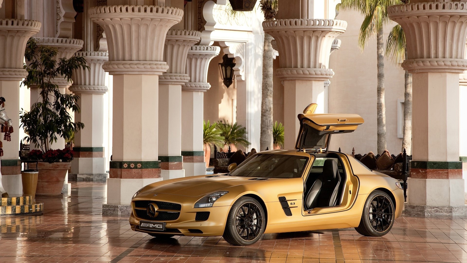 Gold Mercedes-Benz SLS AMG with Gullwing Doors HD Wallpaper