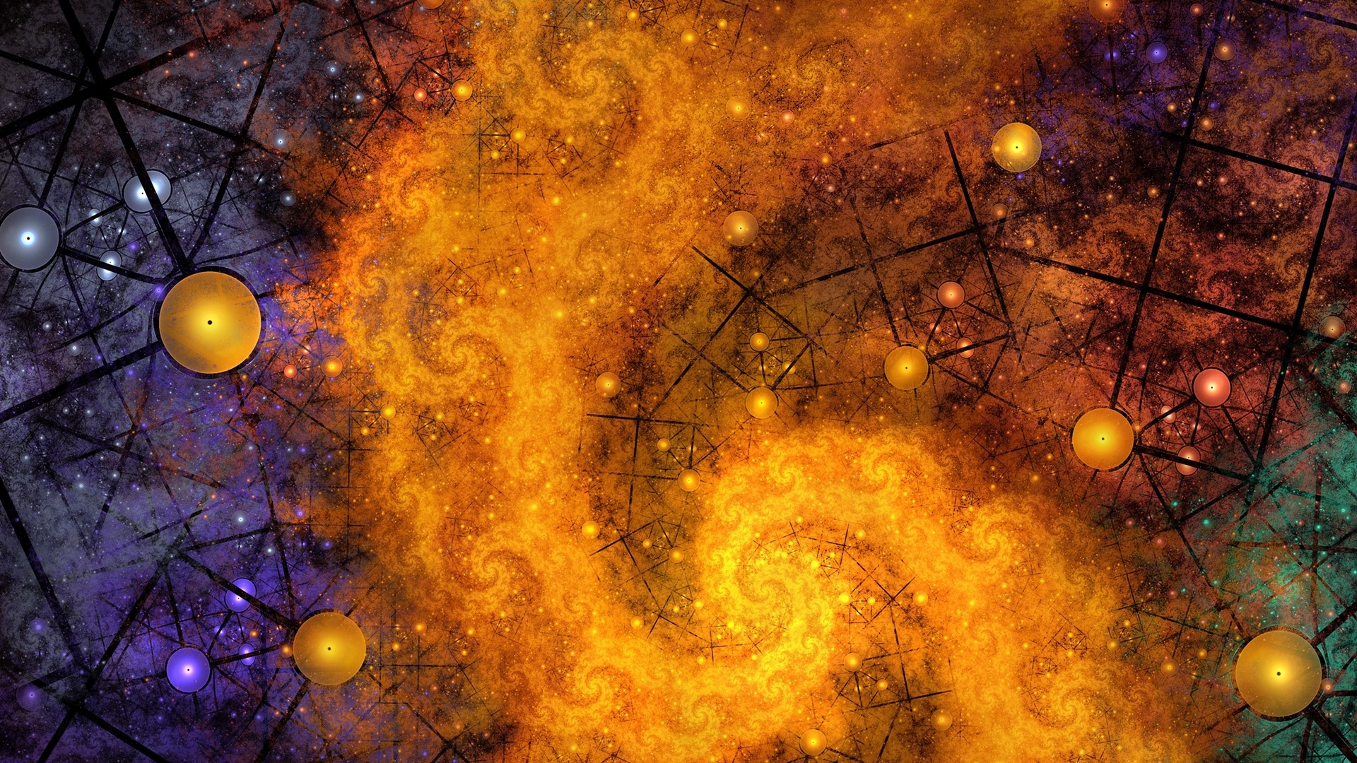 Abstract fractal space with glowing orbs HD Wallpaper