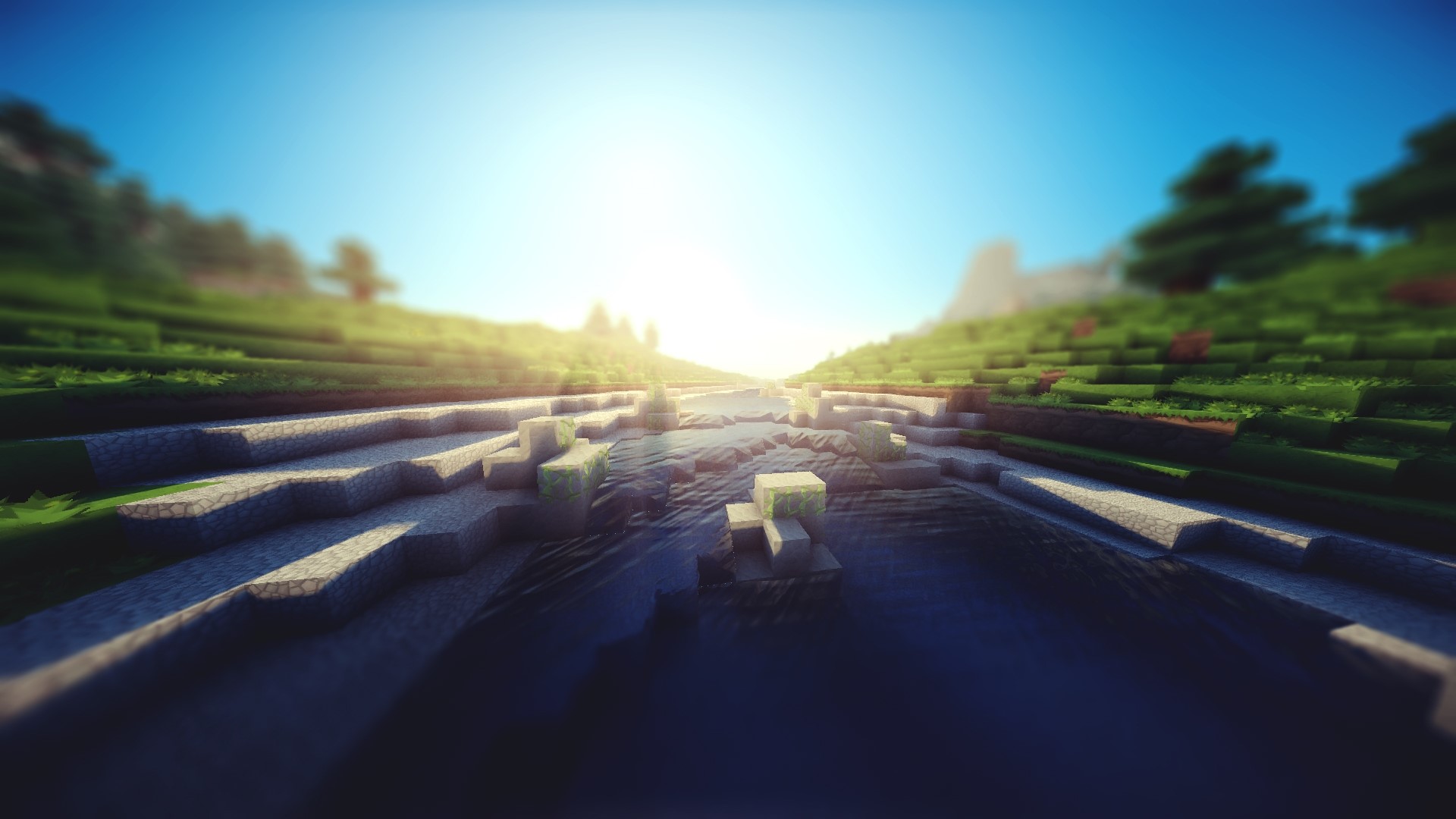 Minecraft landscape with river at dawn HD Wallpaper