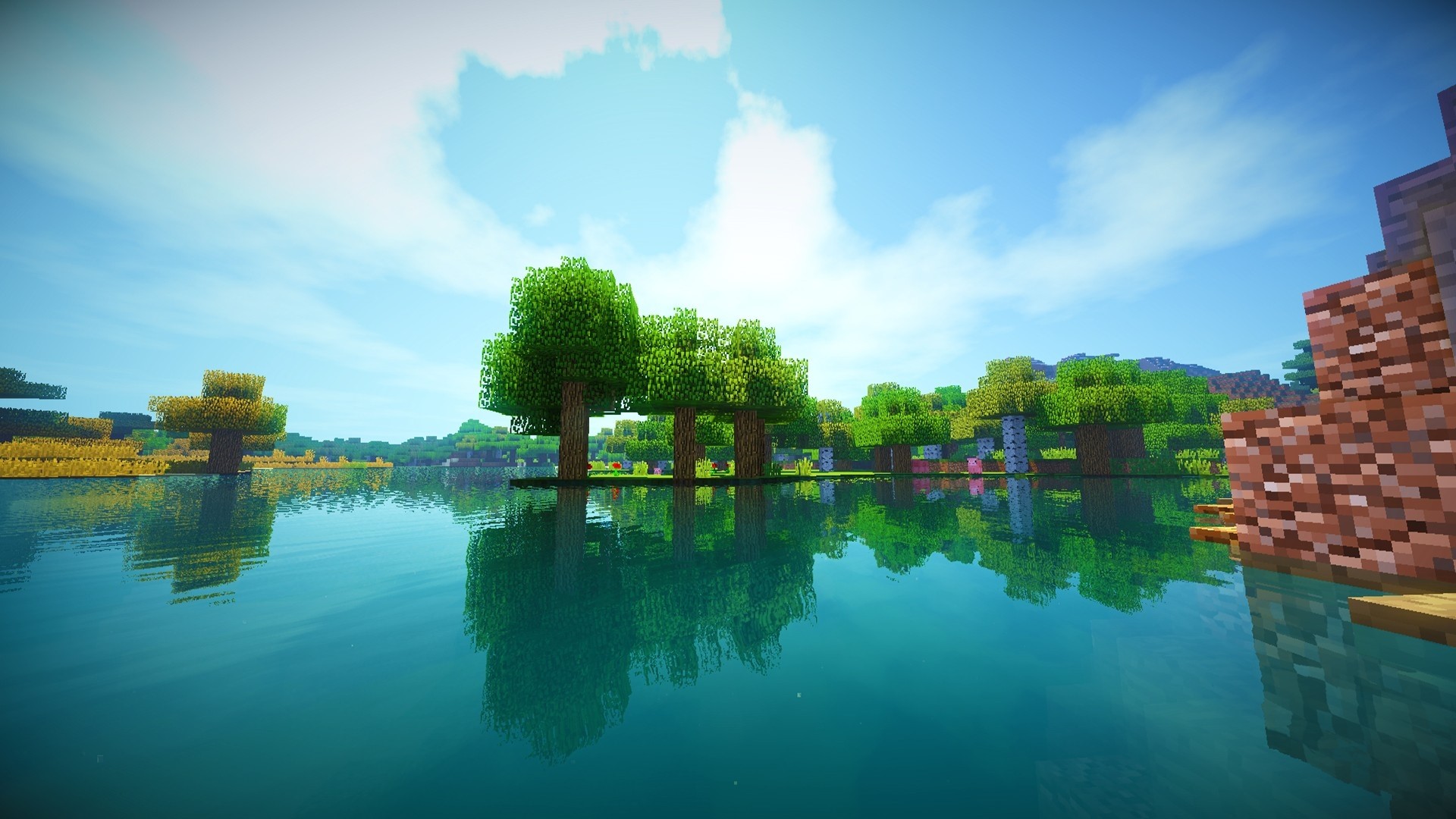 Minecraft landscape with trees and water HD Wallpaper