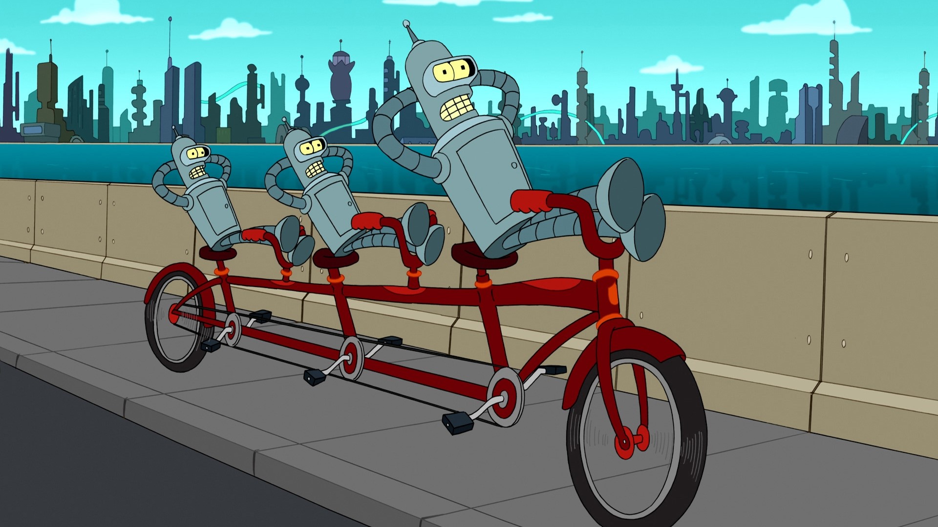 Bender from Futurama on a tandem bicycle HD Wallpaper