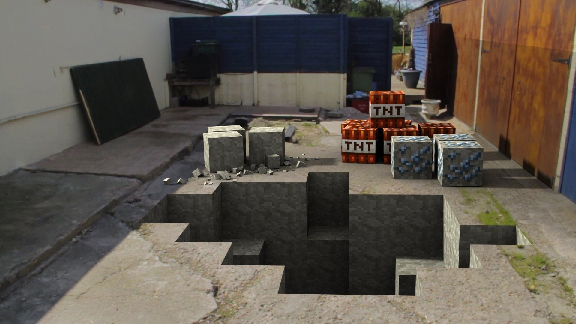 Minecraft TNT and Diamond Blocks in Backyard HD Wallpaper