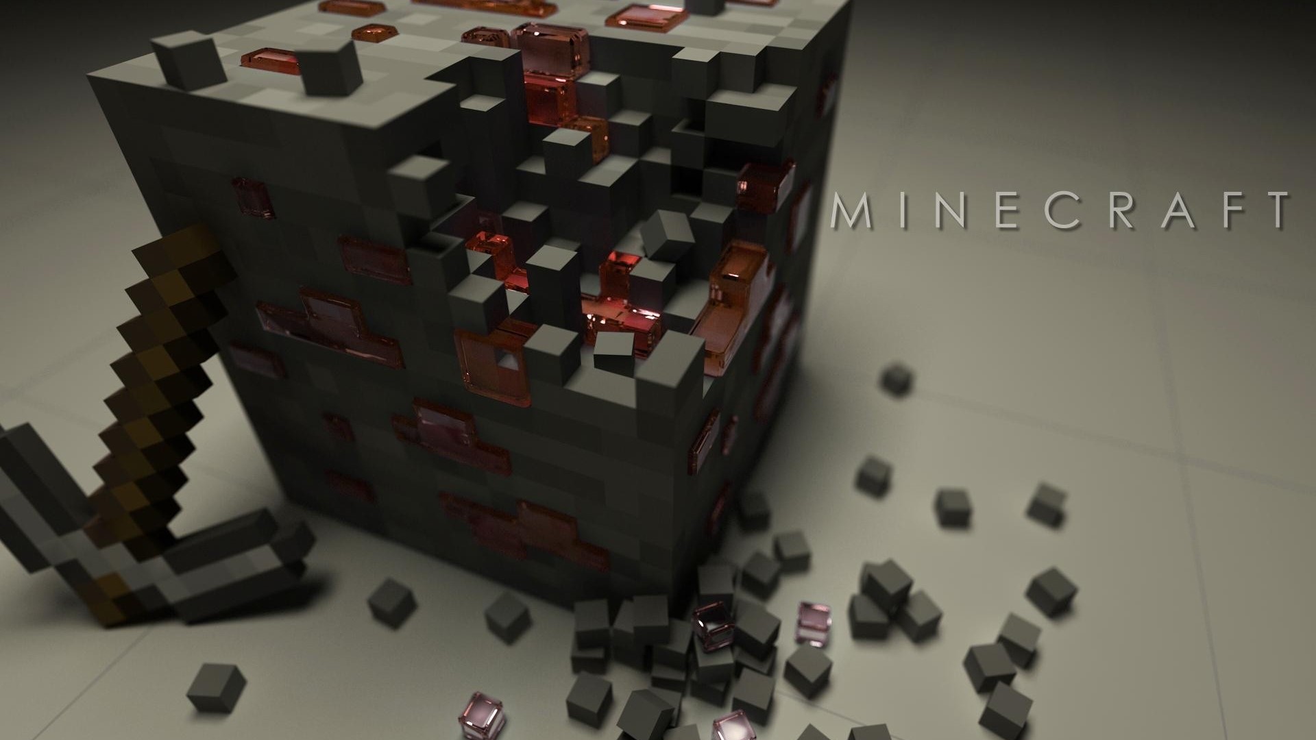 Minecraft 3D cube with pickaxe and ore HD Wallpaper