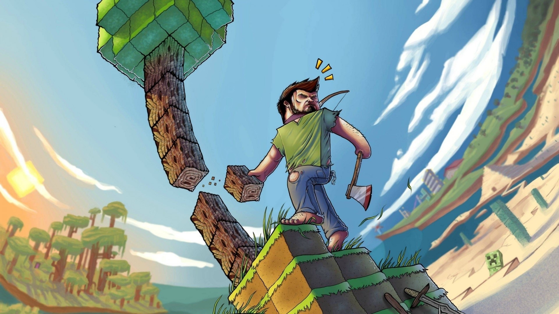Minecraft character chopping wood with axe HD Wallpaper