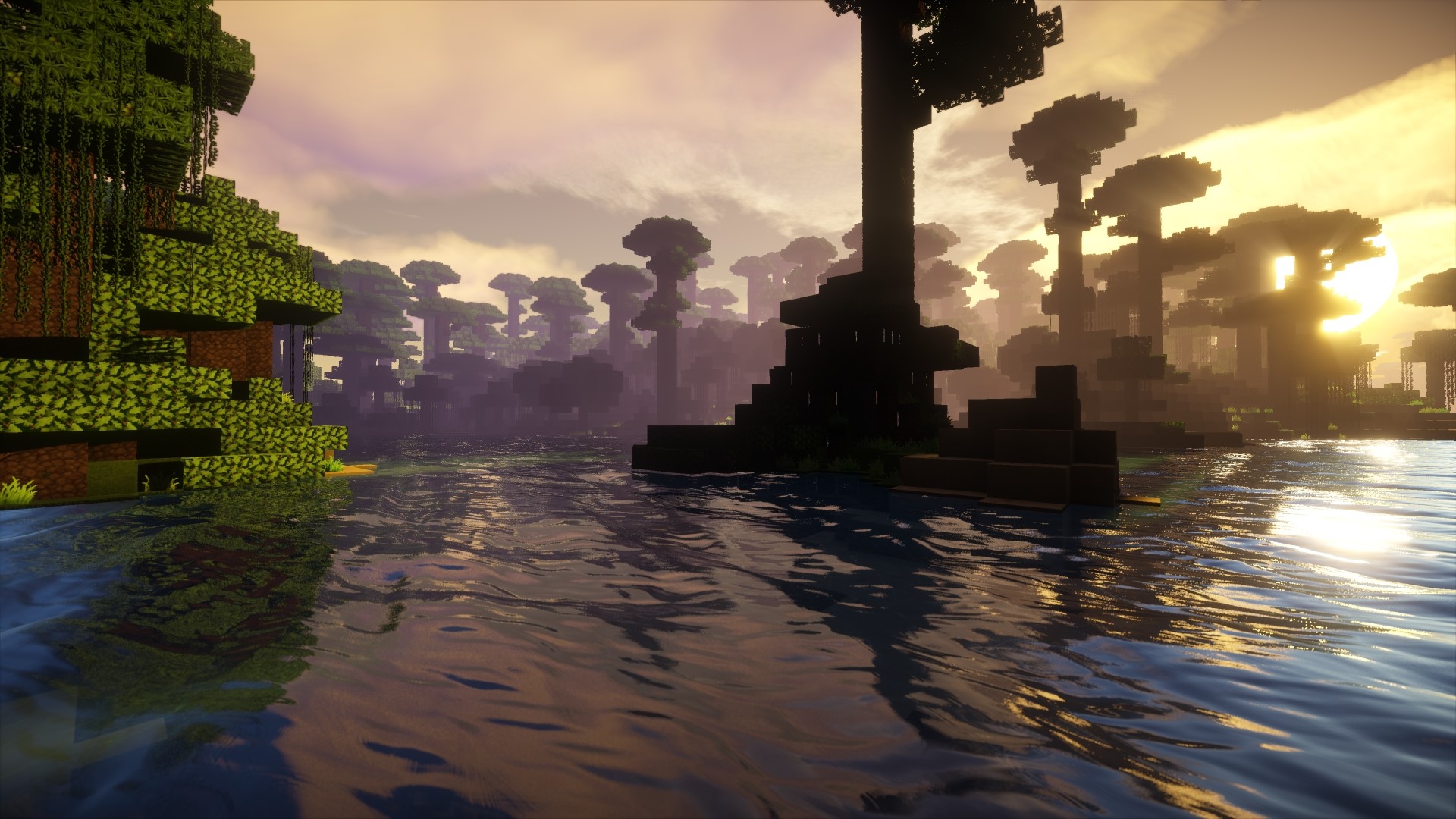 Minecraft world with swamp trees and water at sunset HD Wallpaper