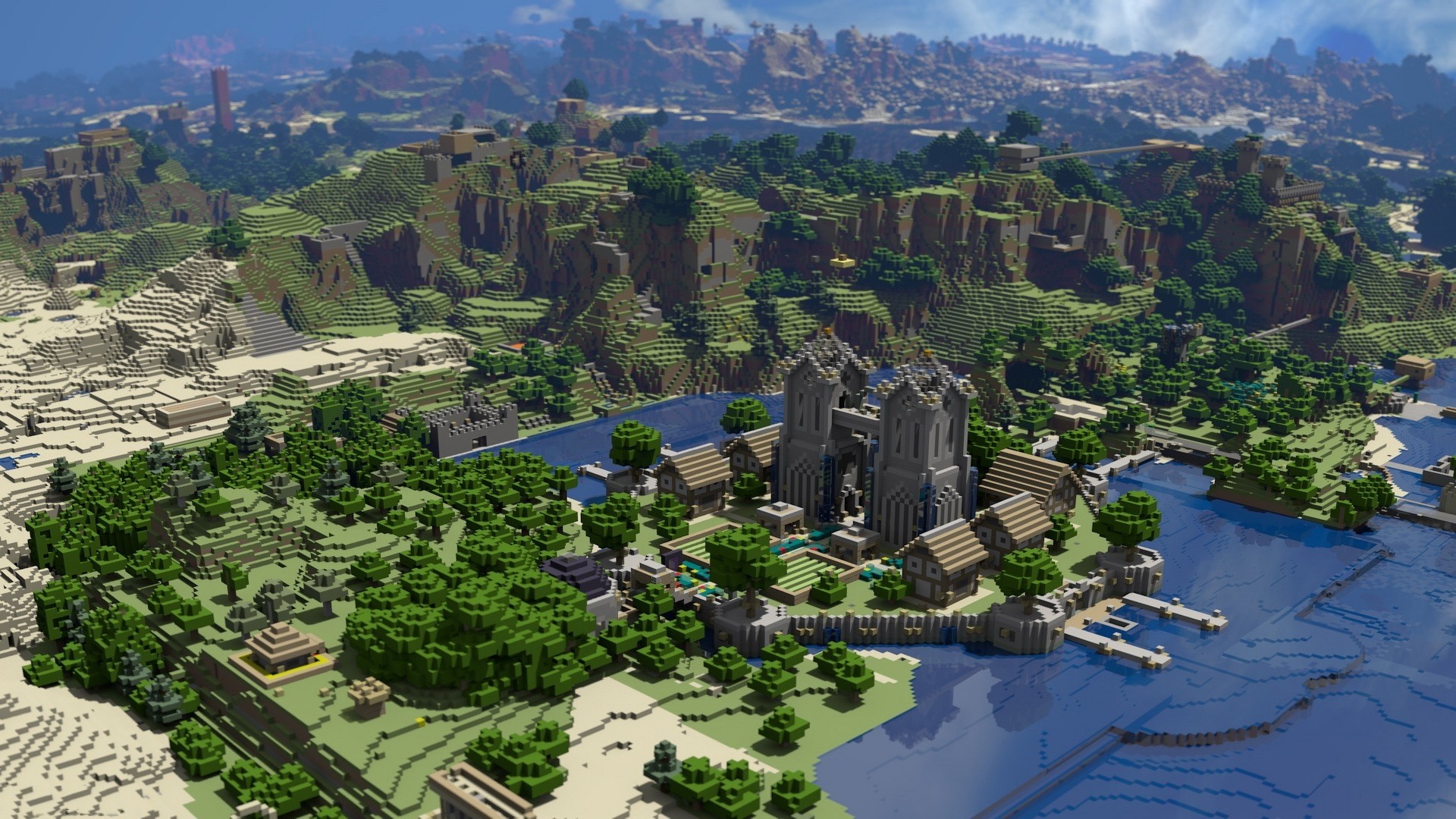 Minecraft World with Castle and Village HD Wallpaper