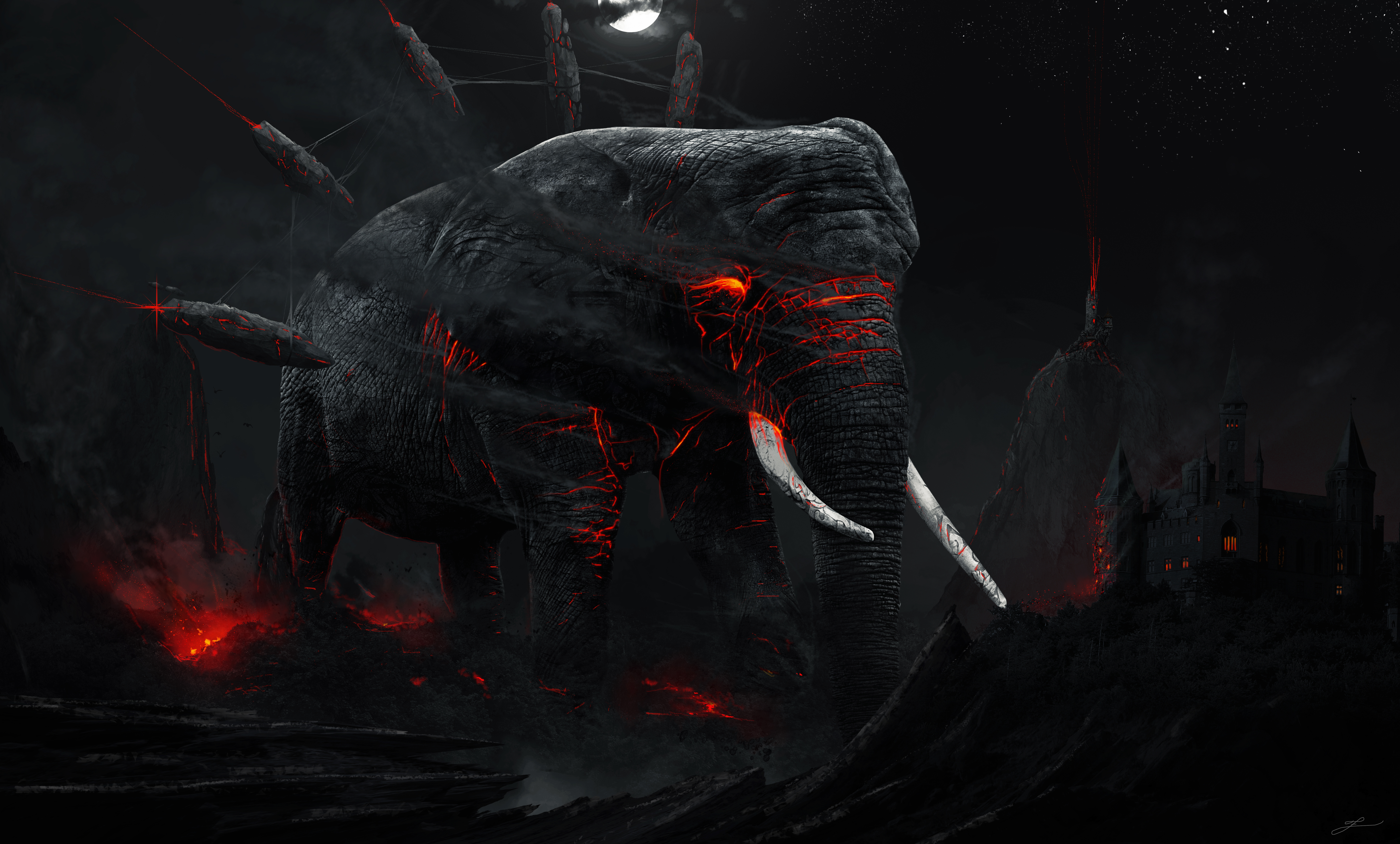 Dark Elephant with Lava and Castle HD Wallpaper