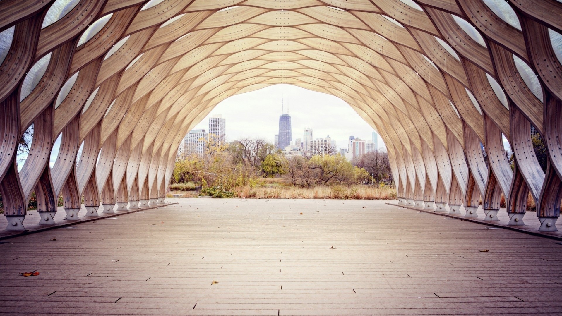 Wooden Pavilion with Chicago Skyline View HD Wallpaper