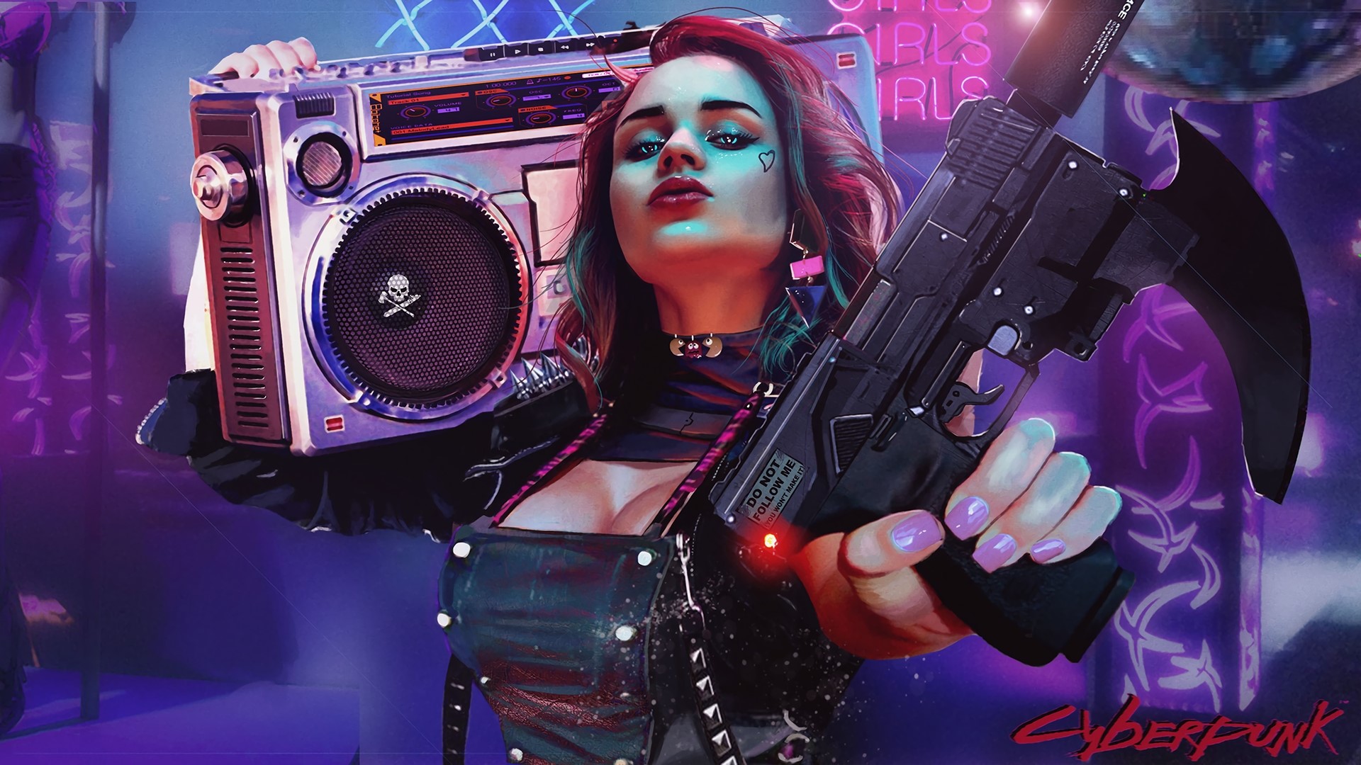 Woman with Boombox and Gun in Cyberpunk City HD Wallpaper