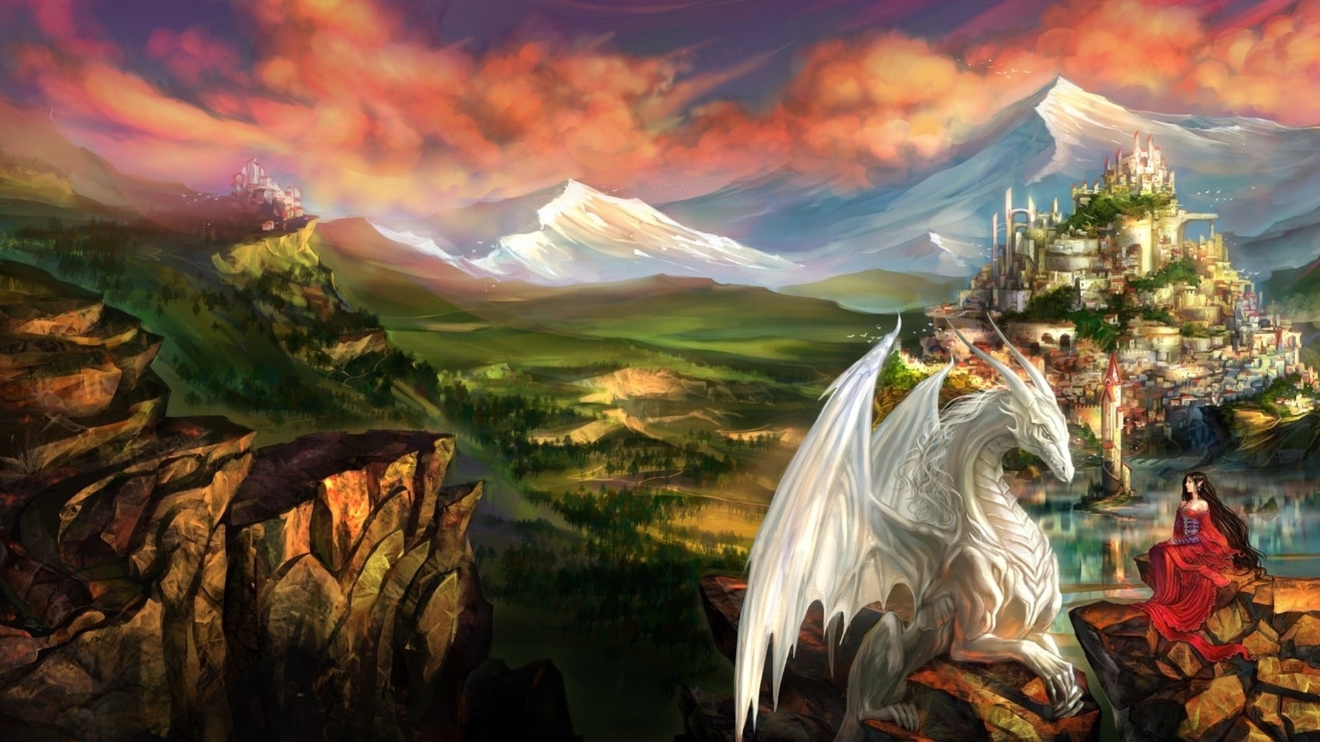 White Dragon and Woman near Fantasy City HD Wallpaper