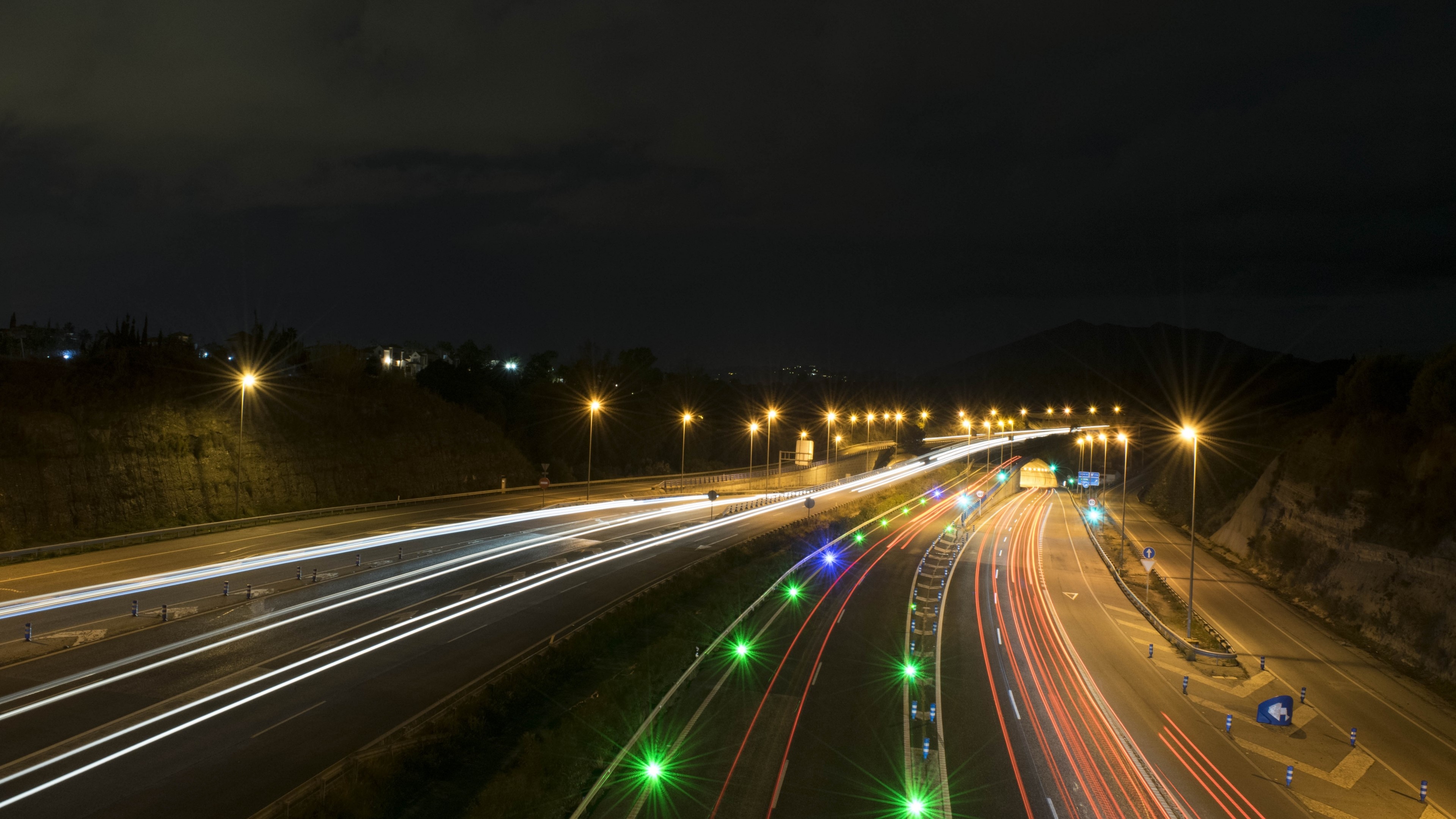 4K Road at Night with Light Trails HD Wallpaper
