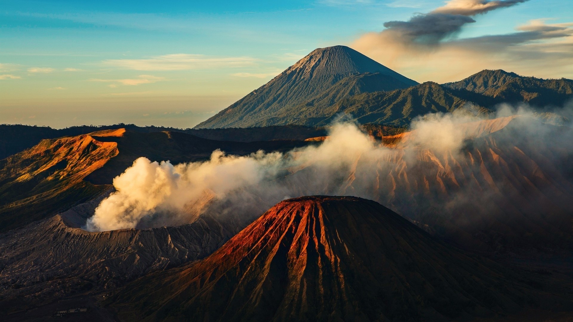 Volcanic Landscape with Smoke and Mountains HD Wallpaper