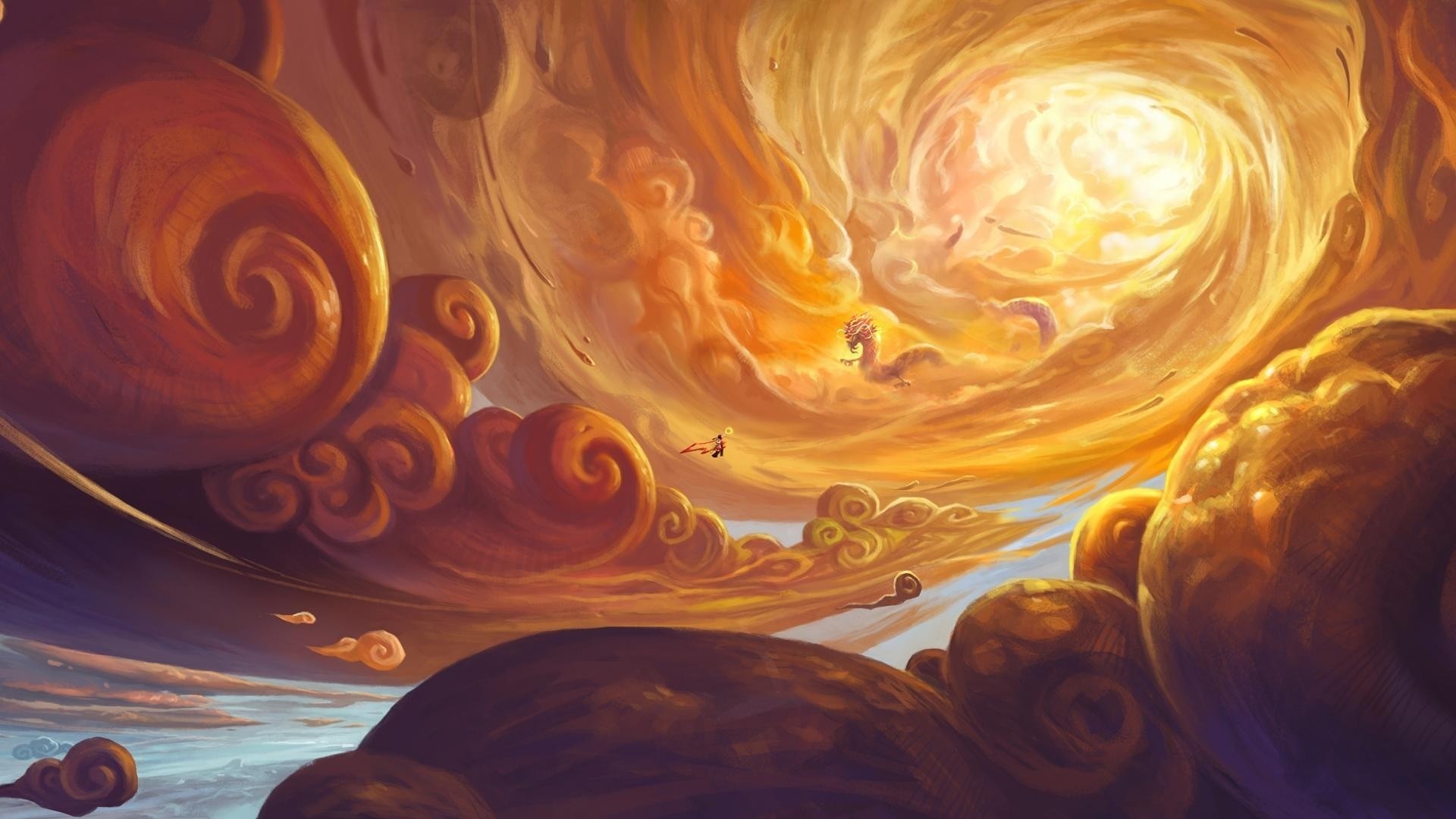 A dragon and a person in a vortex of clouds HD Wallpaper