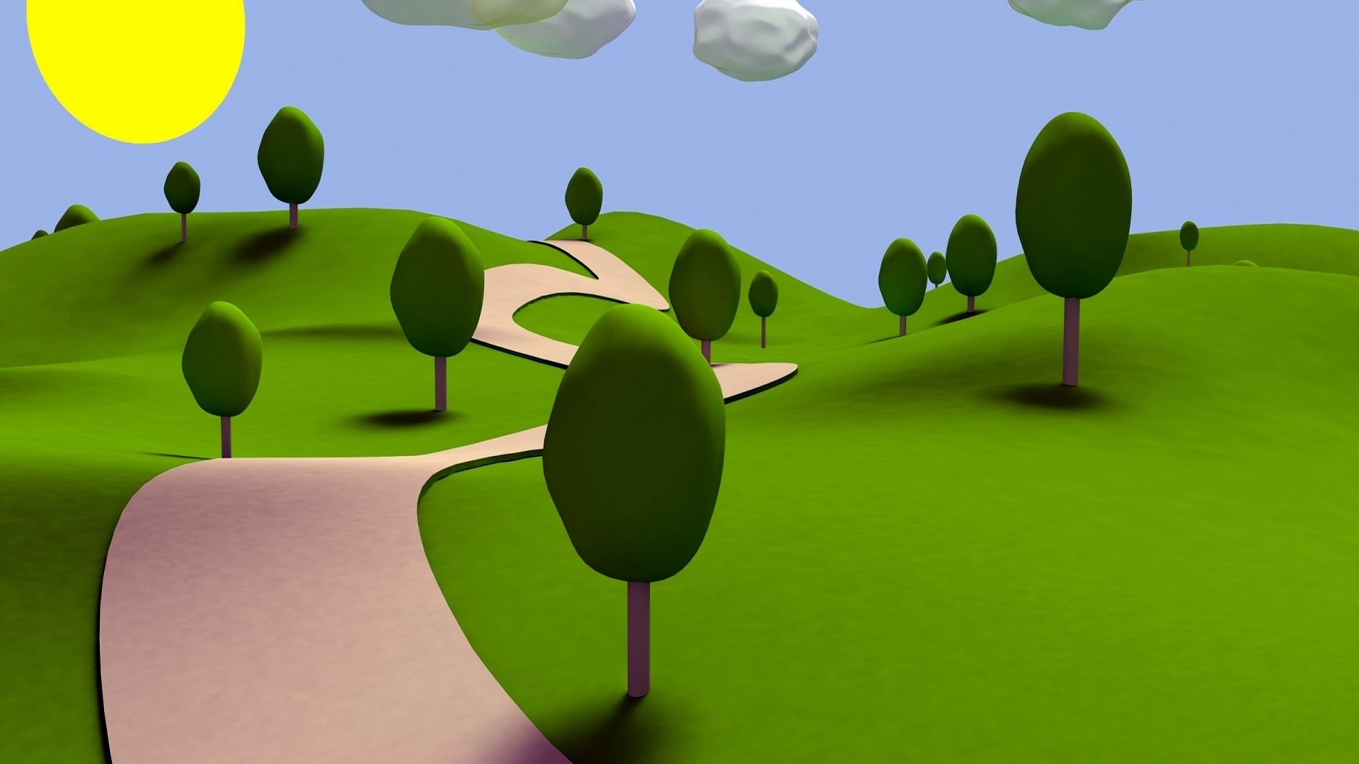 3D Render of a Winding Road Through Green Hills HD Wallpaper