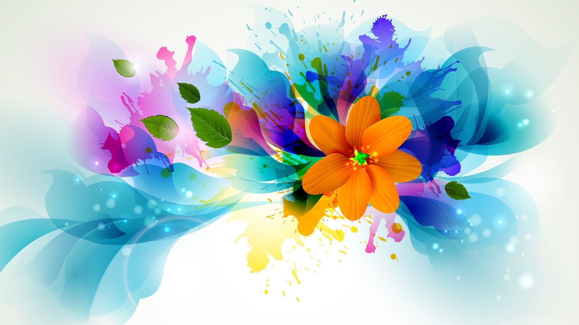 Colorful Watercolor Flower Art with Leaves HD Wallpaper