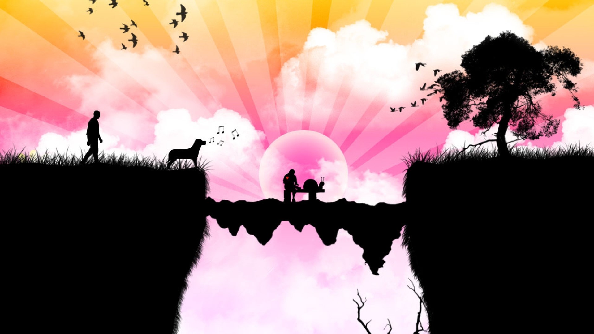 Man and dog on cliff edge with surreal sky HD Wallpaper