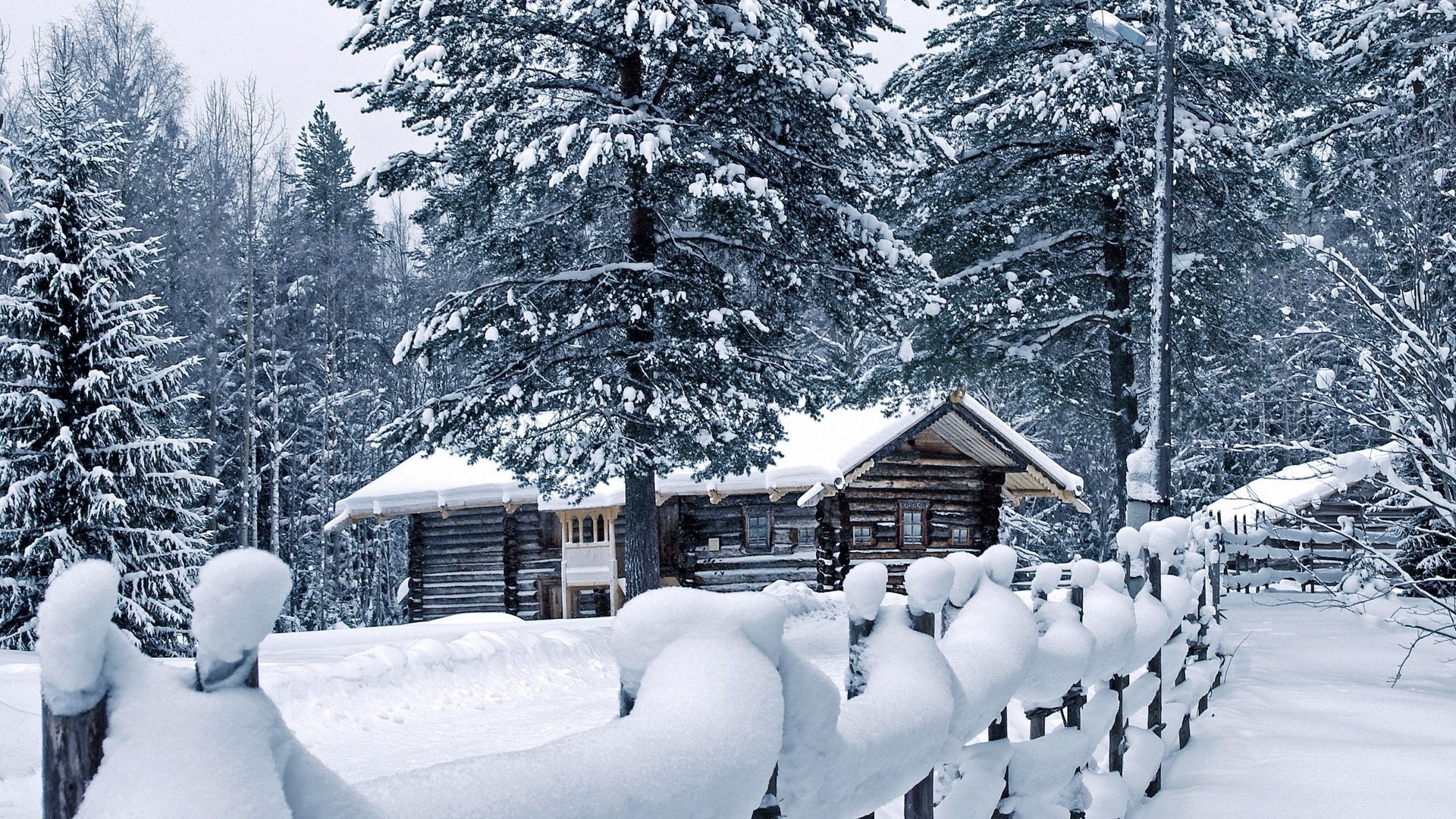 Winter cabin in a snowy forest HD Wallpaper