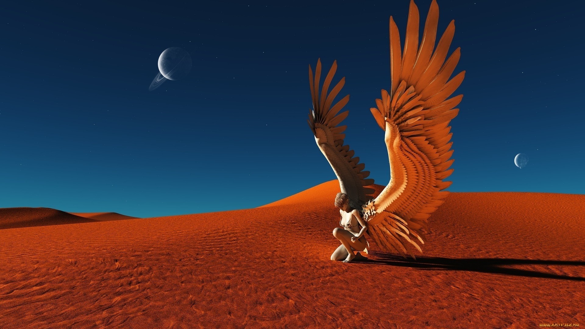 Fantasy art of a winged figure in a desert landscape HD Wallpaper