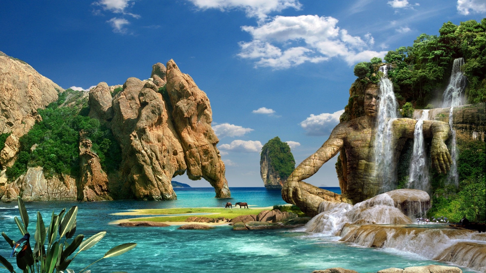 Fantasy island with waterfalls and rock formations HD Wallpaper