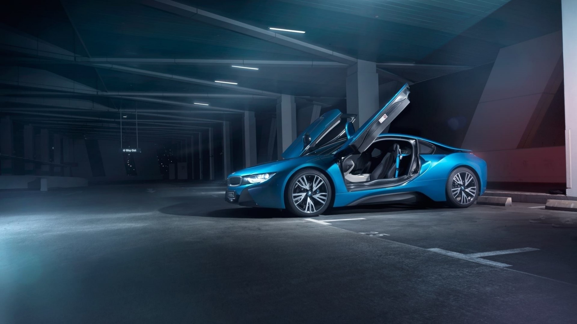 Blue BMW i8 with Wing Doors in Parking Garage HD Wallpaper