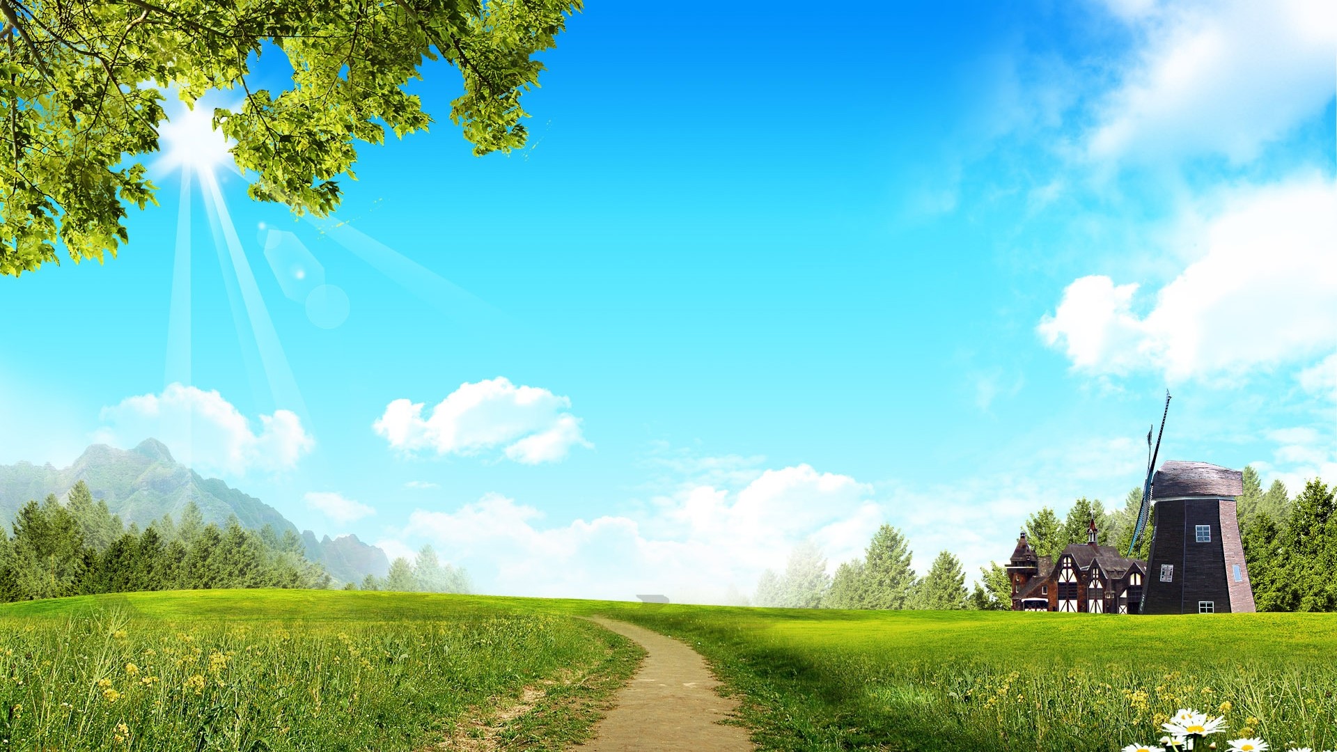 Fantasy Landscape with Sunlit Meadow and Windmill HD Wallpaper