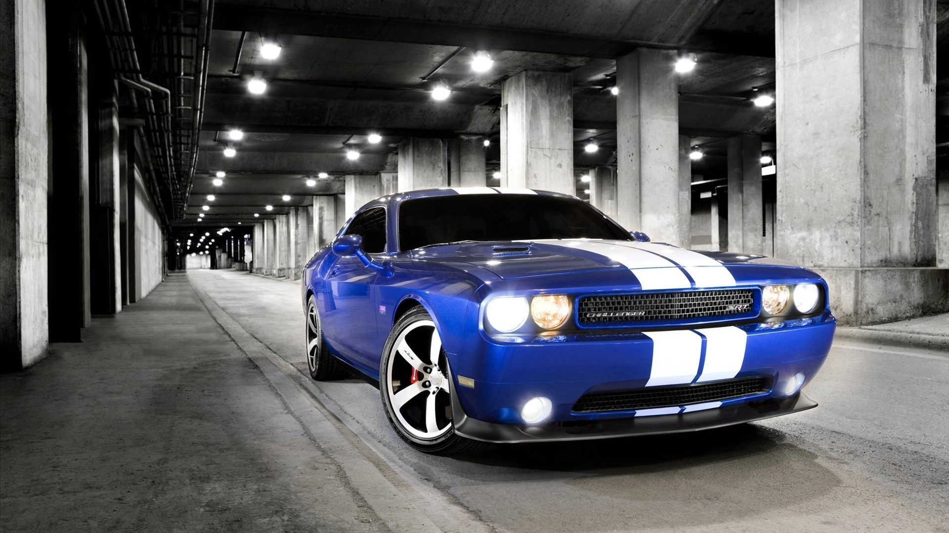 Blue Dodge Challenger SRT with White Stripes HD Wallpaper