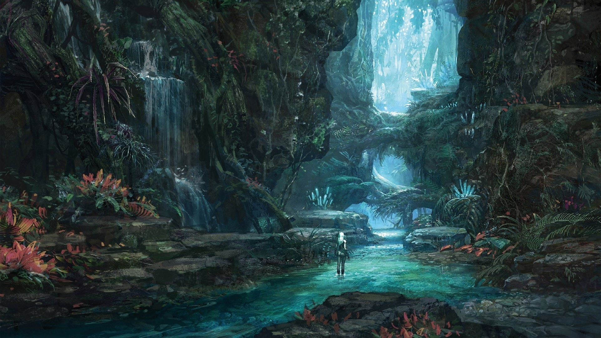 Fantasy art of a person in a bioluminescent jungle HD Wallpaper