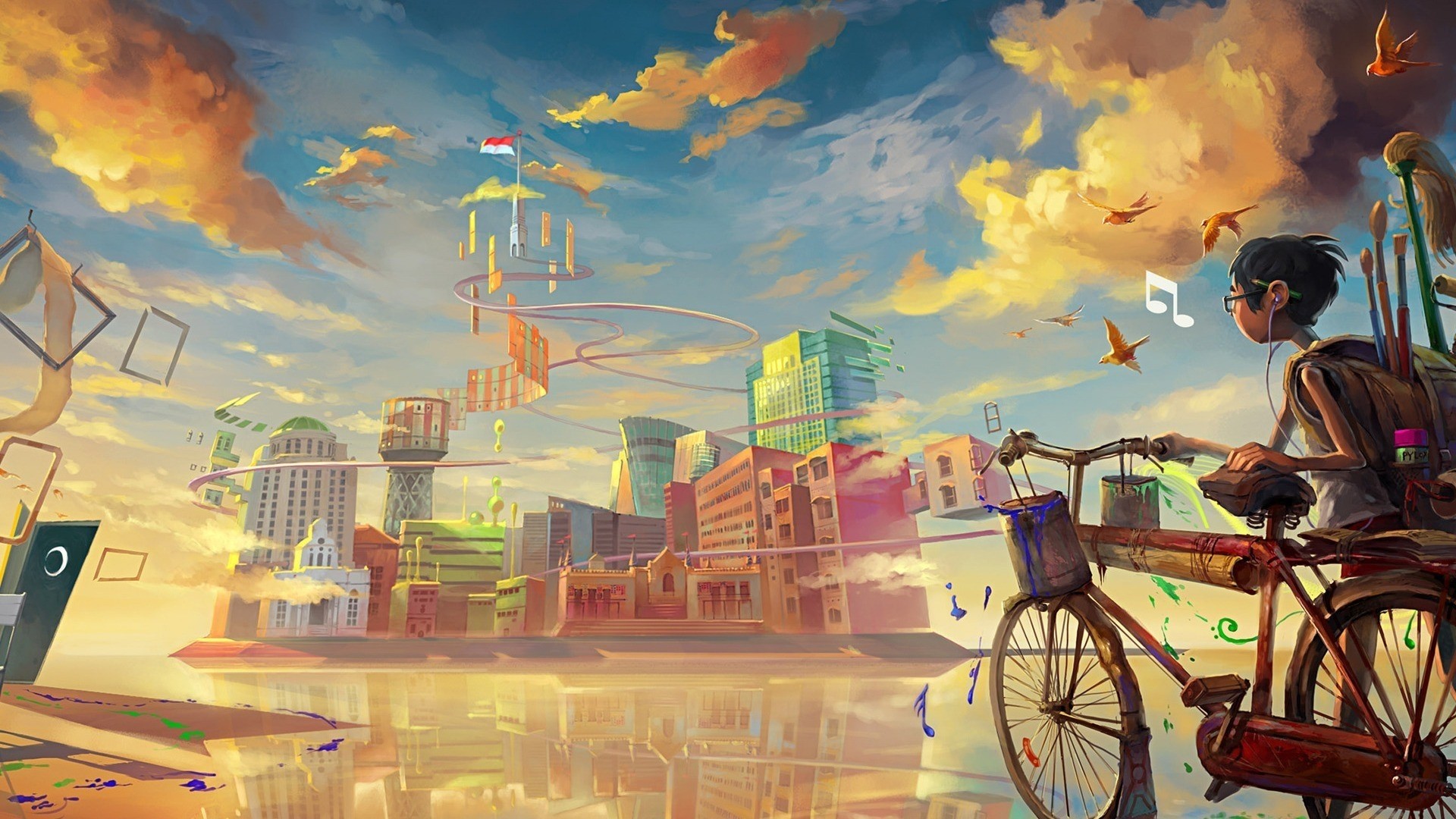 Fantasy art of a boy on a bicycle in a surreal city HD Wallpaper