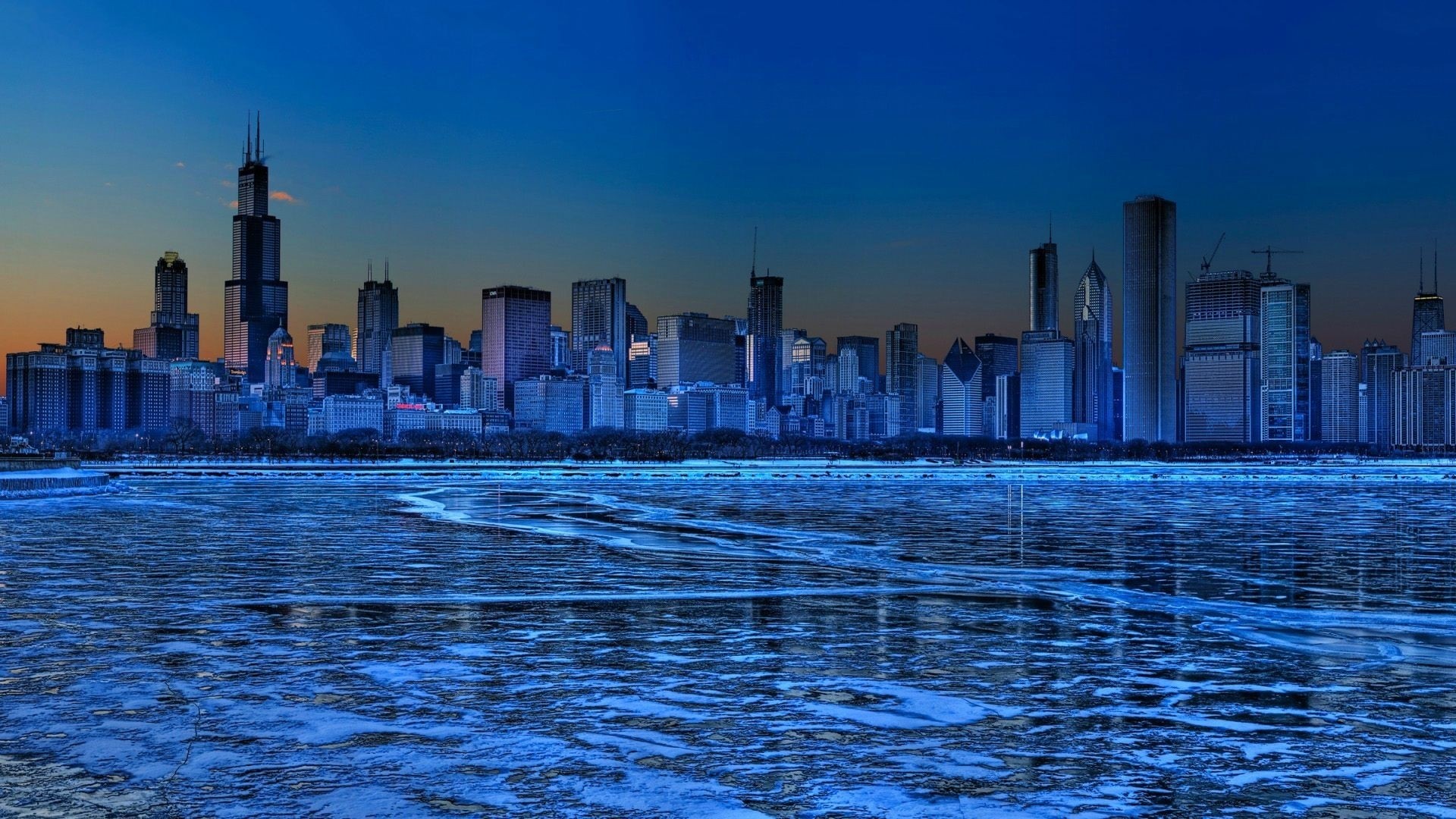 Chicago Winter Skyline Over Frozen Lake HD Wallpaper