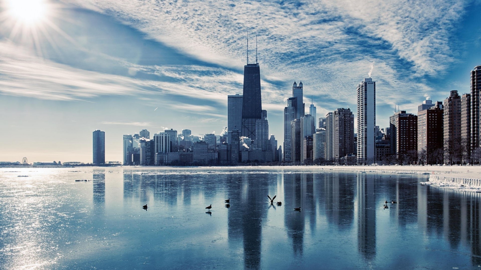 Chicago Winter Cityscape with Frozen Lake HD Wallpaper