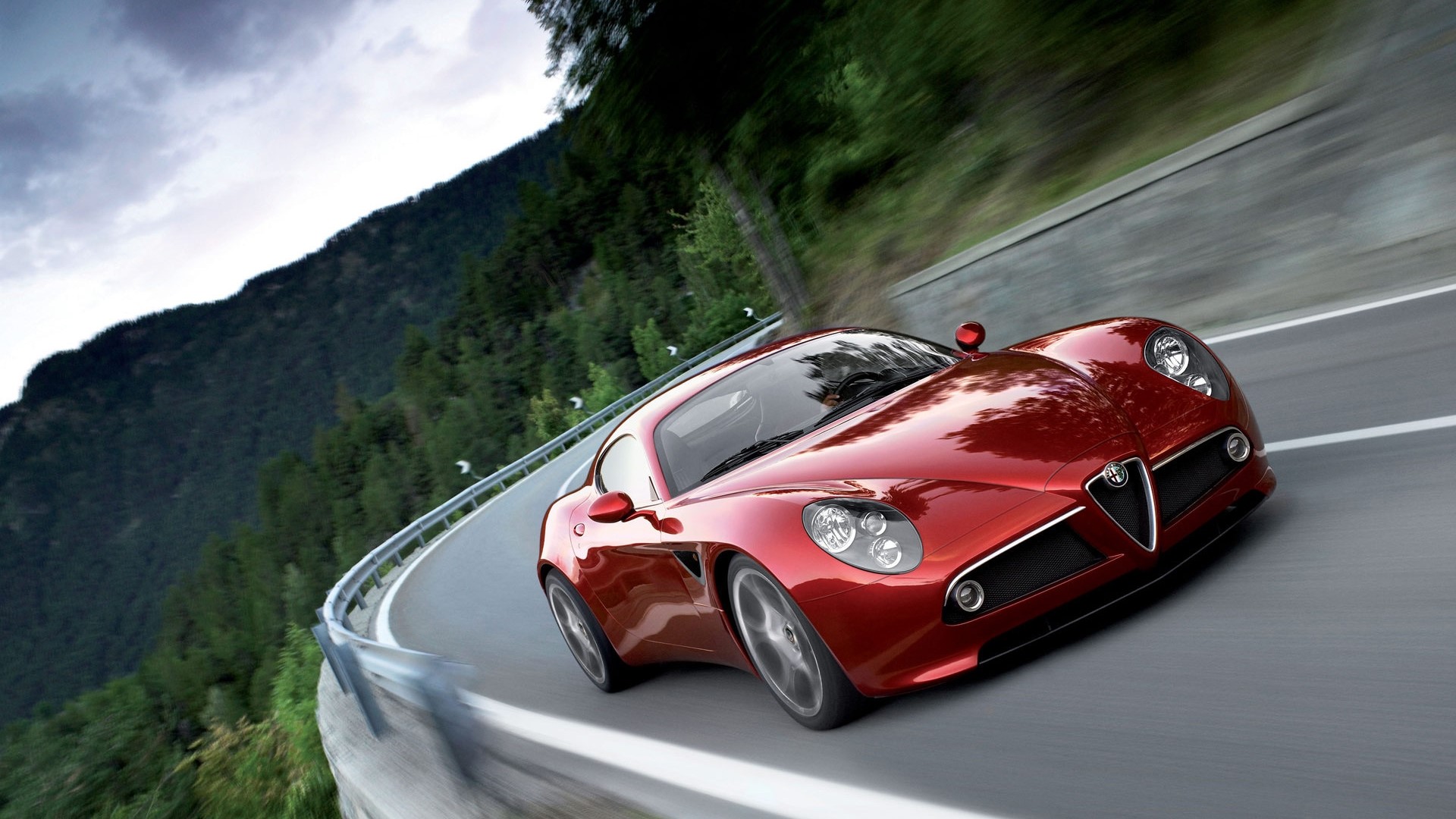 Red Alfa Romeo 8C Competizione on a Mountain Road HD Wallpaper