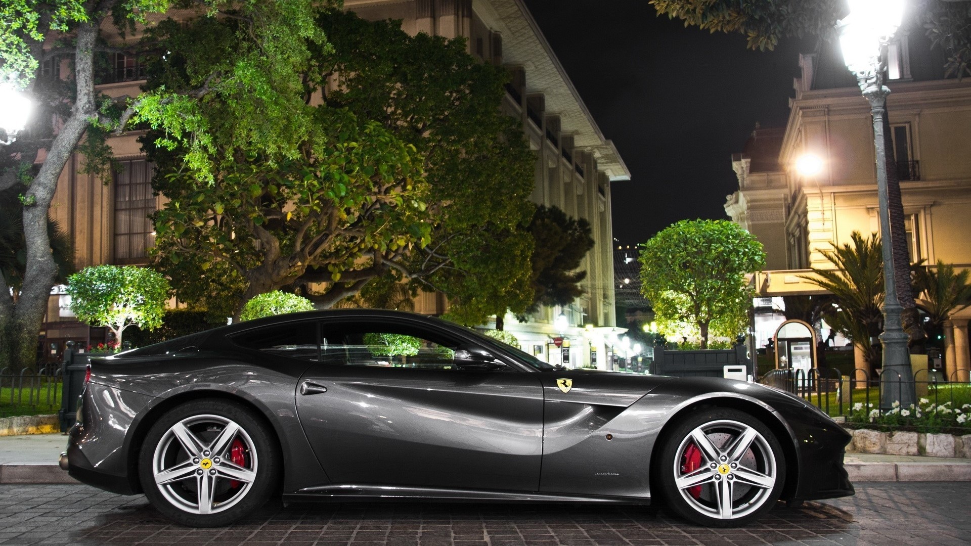 Silver Ferrari parked at night HD Wallpaper
