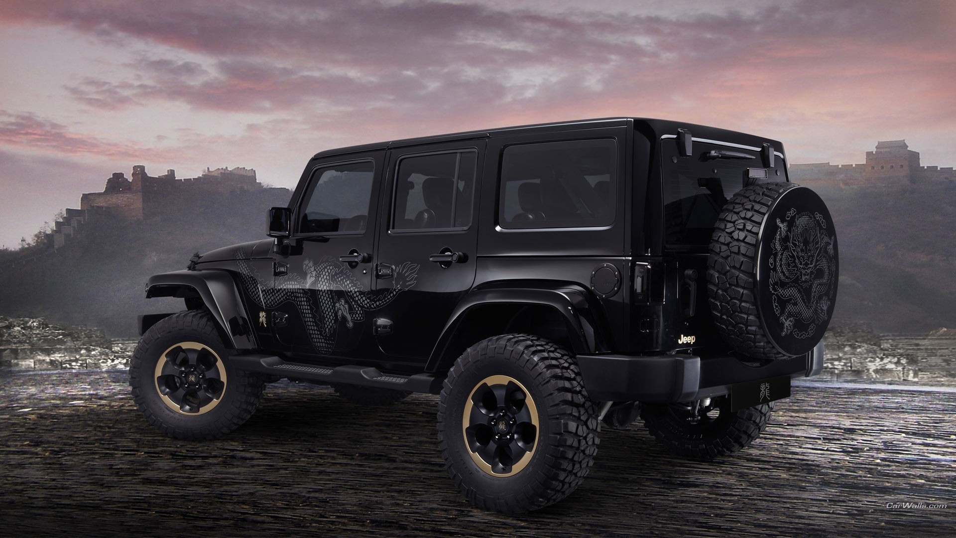Black Jeep Wrangler with Dragon Decals near Great Wall HD Wallpaper