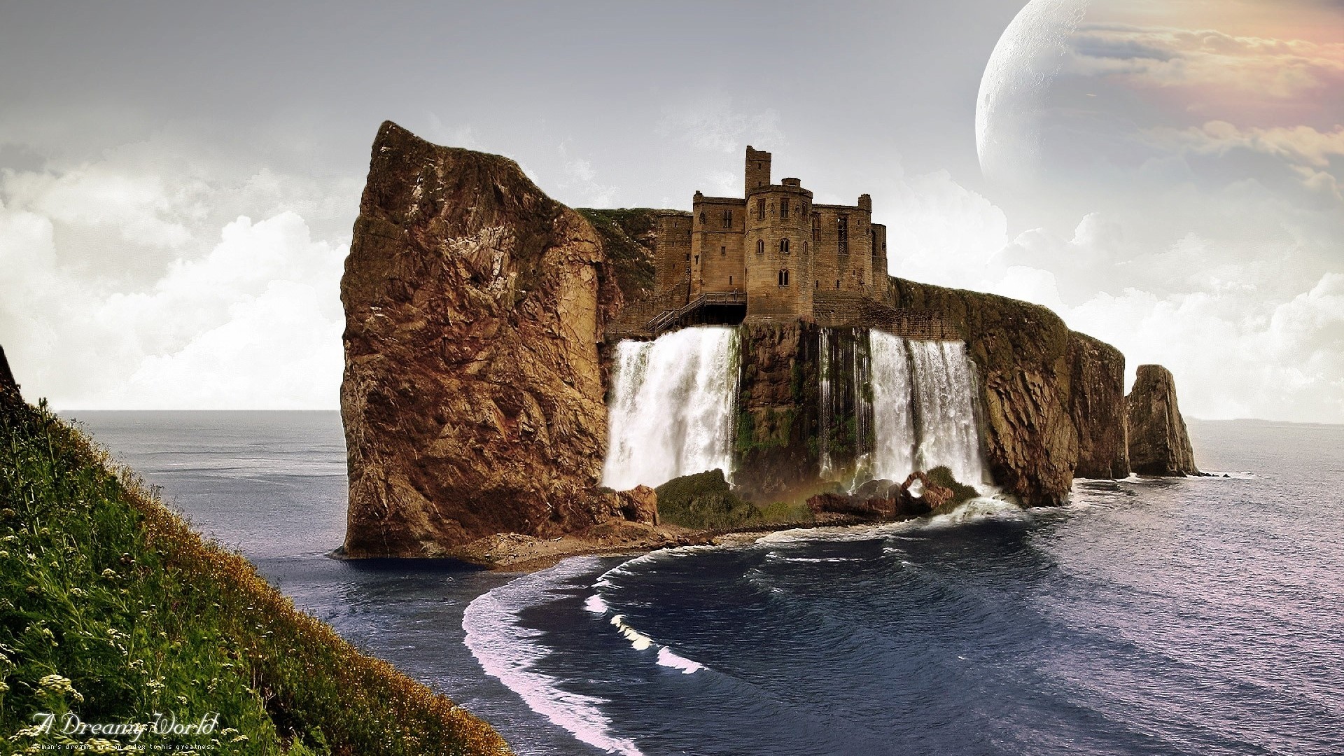 A Dreamy World castle on a cliff with waterfalls HD Wallpaper