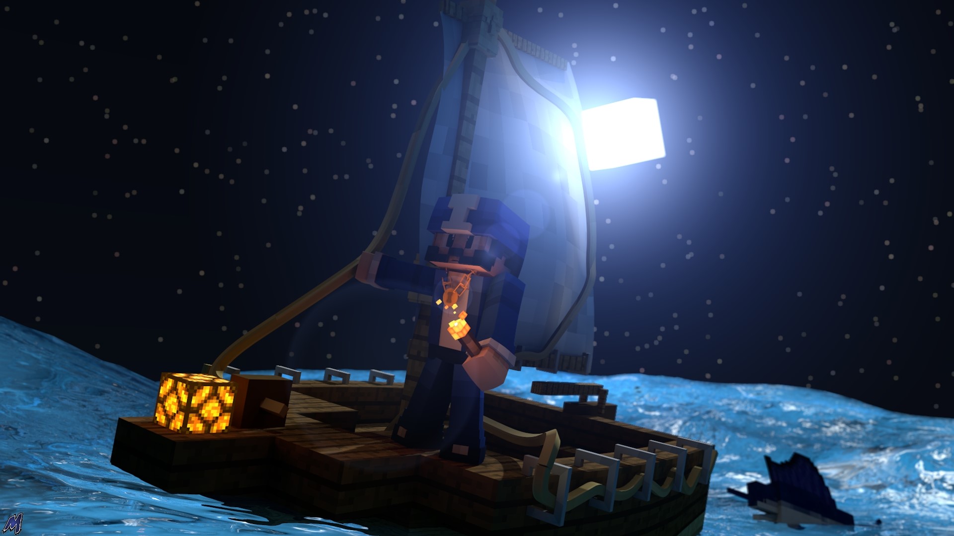 Minecraft character on a boat at night HD Wallpaper