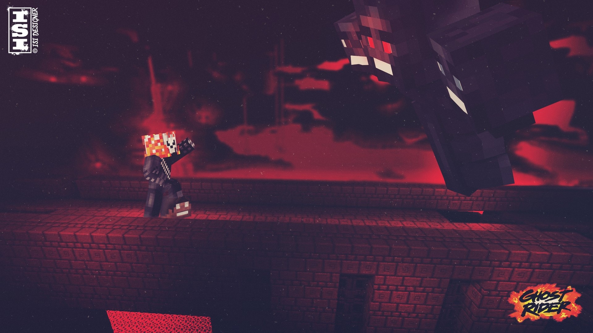 Ghost Rider in Minecraft facing a Wither Skeleton boss HD Wallpaper