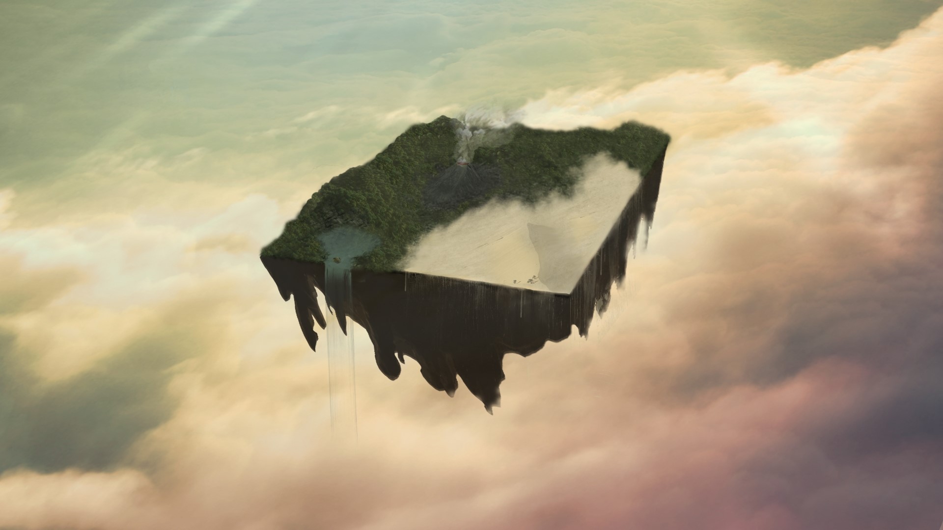 Floating island with waterfalls and a volcano HD Wallpaper
