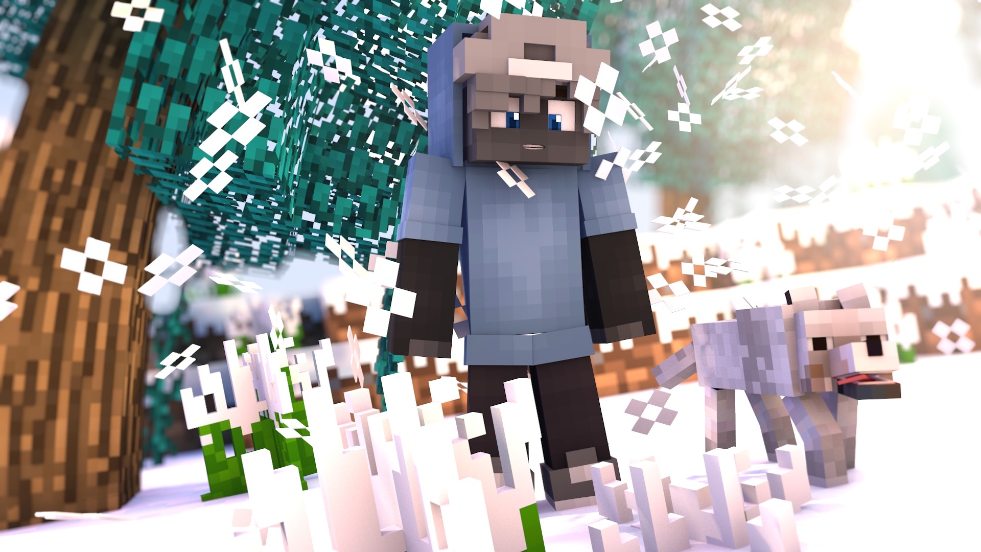 Minecraft character with wolf in snowy forest HD Wallpaper