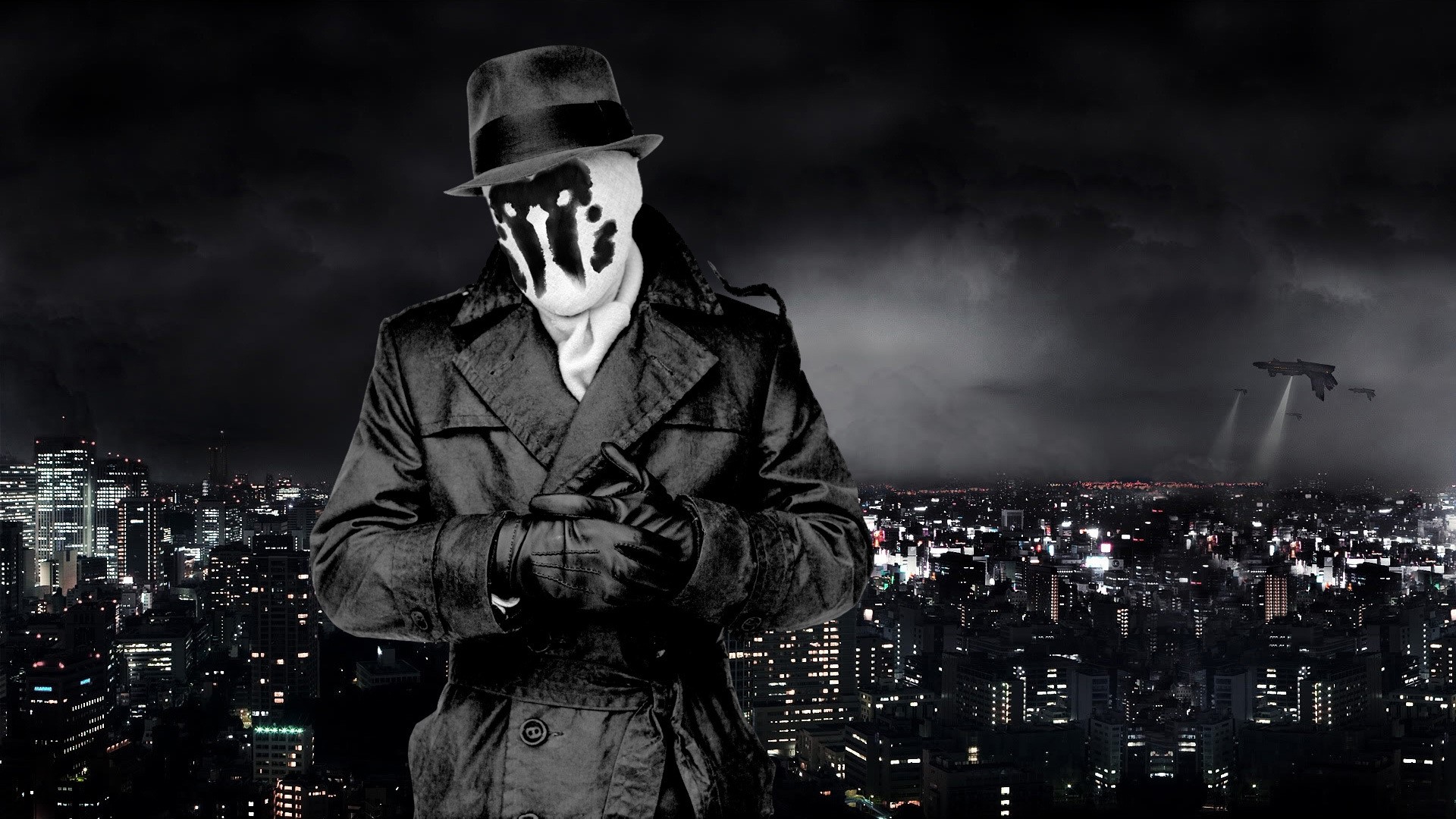 Rorschach from Watchmen in a city at night HD Wallpaper